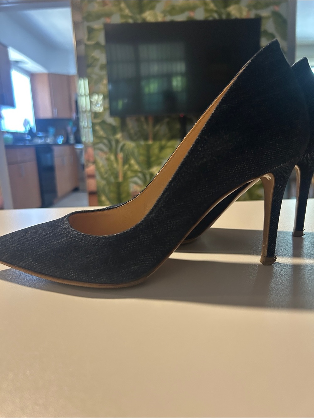 Gianvito Rossi Navy Denim Pointed Stiletto Pumps